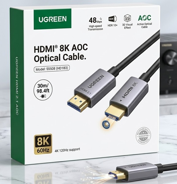 Cáp HDMI 2.1 Sợi Quang AOC Dài 30m UGREEN 55508 (HD183) - Hỗ Trợ 8K@60Hz, Băng Thông 48Gbps